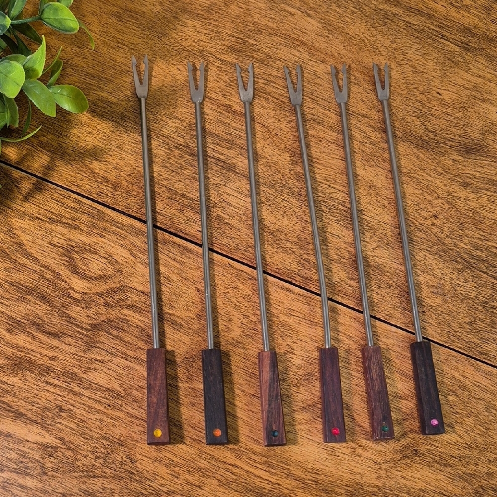 VINTAGE MID CENTURY MODERN Set of Six Wooden Handle Stainless Steel Fondue Forks